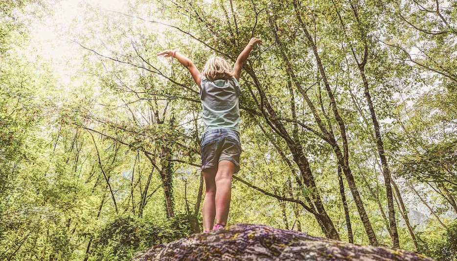 Enfant de dos dans la forêt les bras en l'air